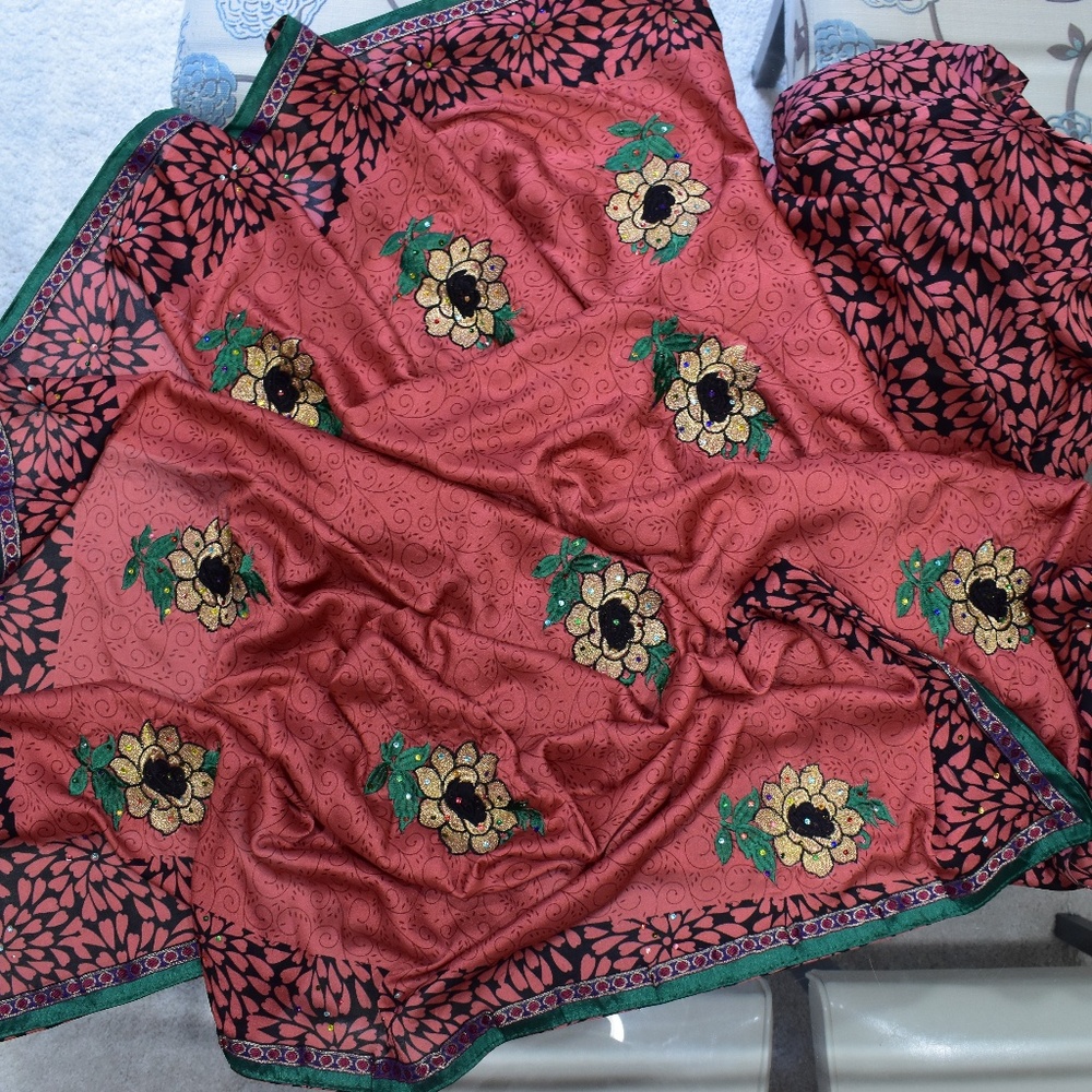 Printed satin chiffon saree with stitched blouse